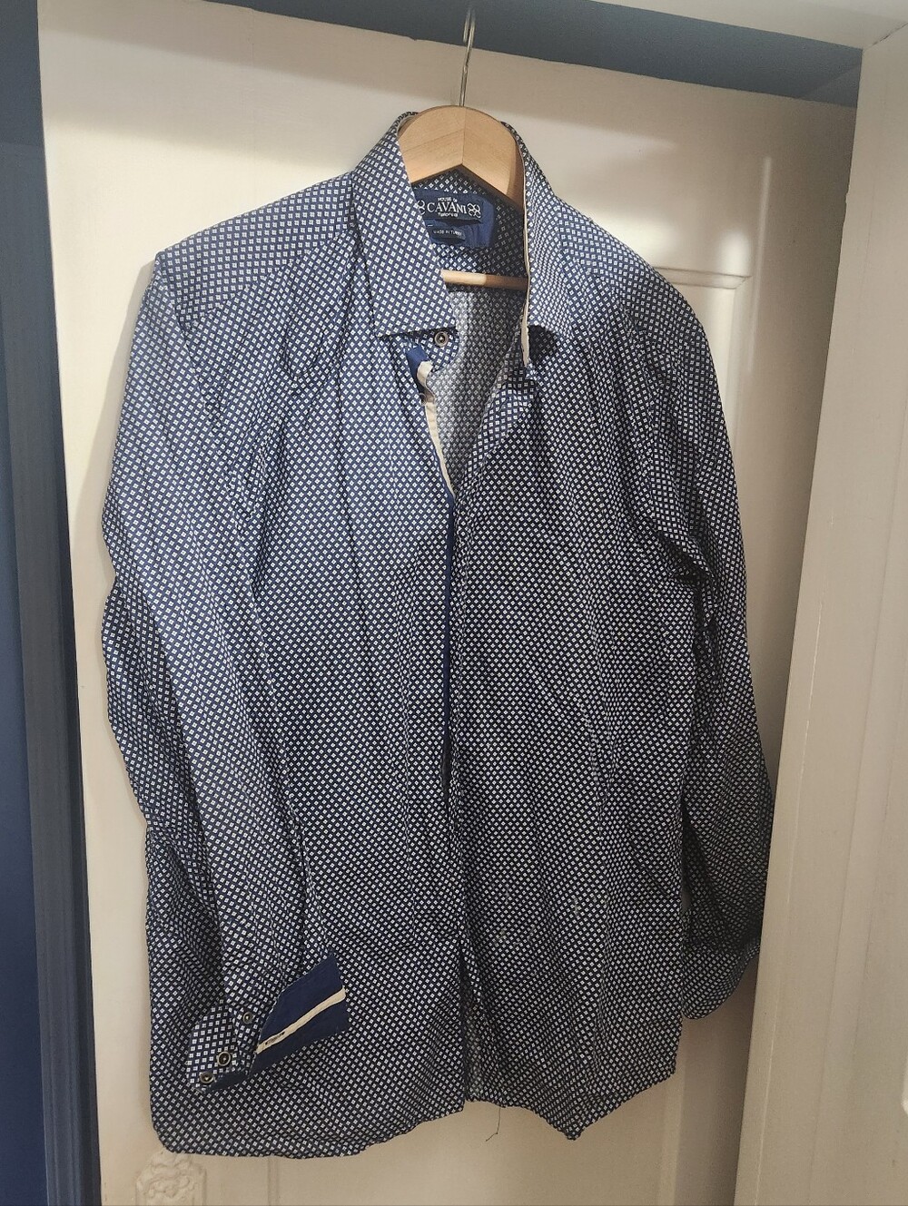 Men's XXL Navy Geometric Patterned Dress Shirt